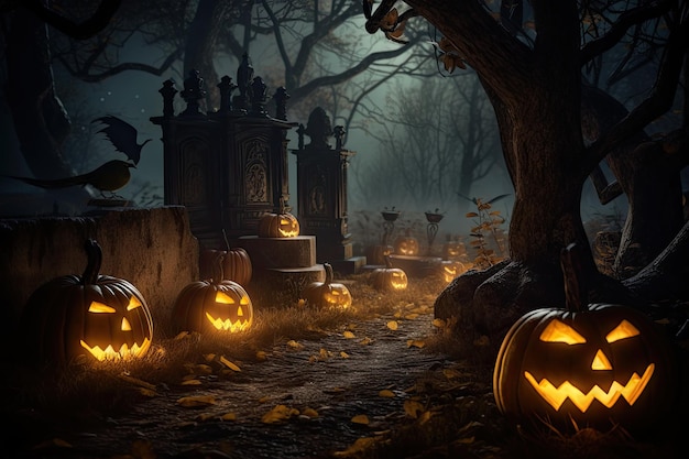 cena de Halloween com abóboras queimadas, lanternas em madeira mística ai generativa
