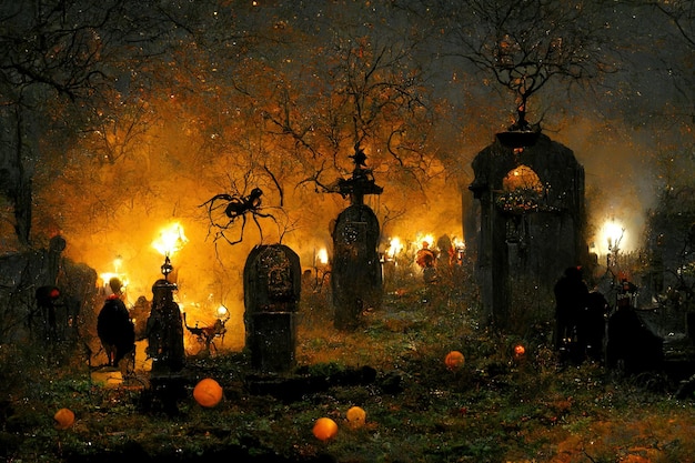 Cena de Halloween com atmosfera mística escura e assustadora com abóboras nuvens escuras e céu grande m