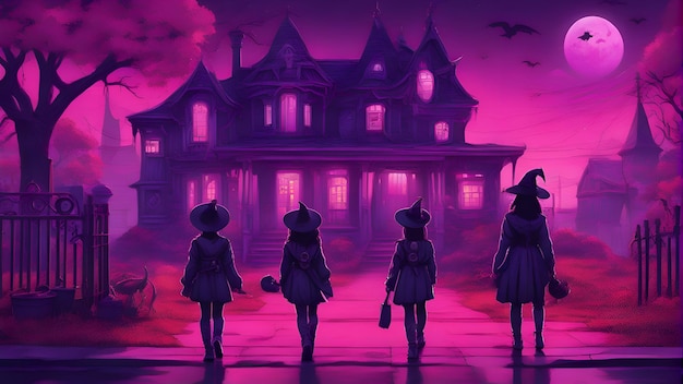 Cena de Halloween com bruxa e casa assombrada3d render ilustração