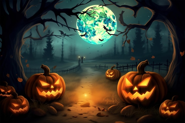 cena de halloween com morcegos de abóbora e lua cheia ao fundo