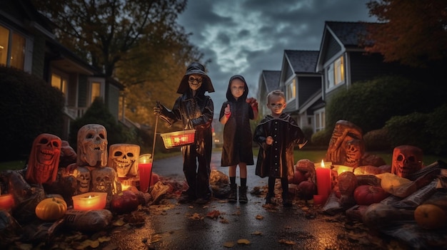 Cena de Halloween crianças disfarçadas indo pedir doces