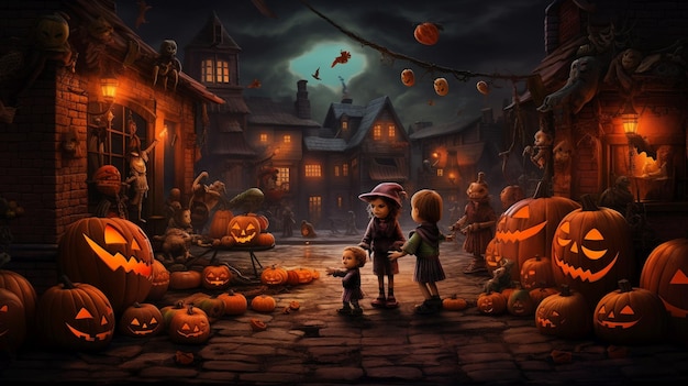 Cena de Halloween crianças disfarçadas indo pedir doces