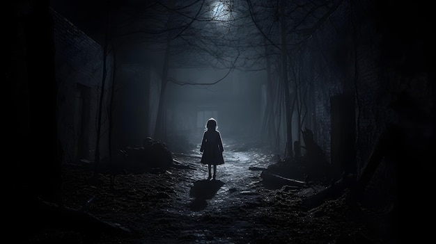 Cena de horror Uma garota está em uma floresta escura com uma luz no teto