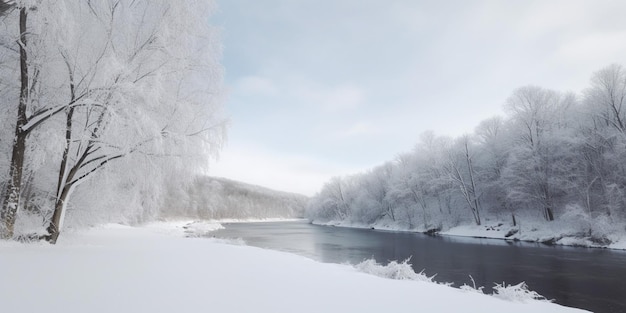 Cena de inverno com neve no chão e árvores