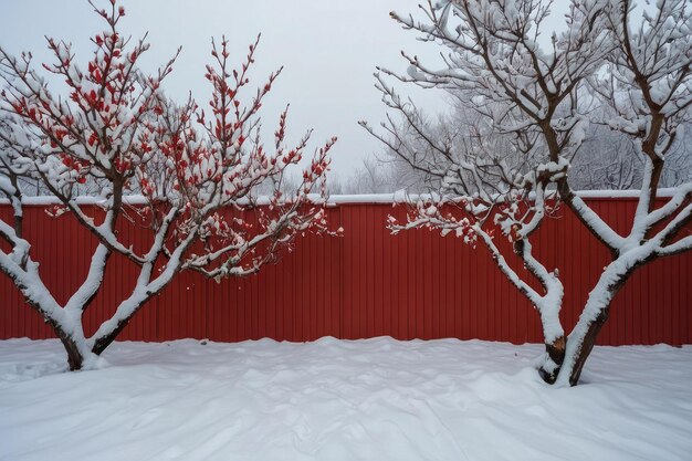 Cena de Inverno com Árvore Coberta de Neve e Edifício Vermelho