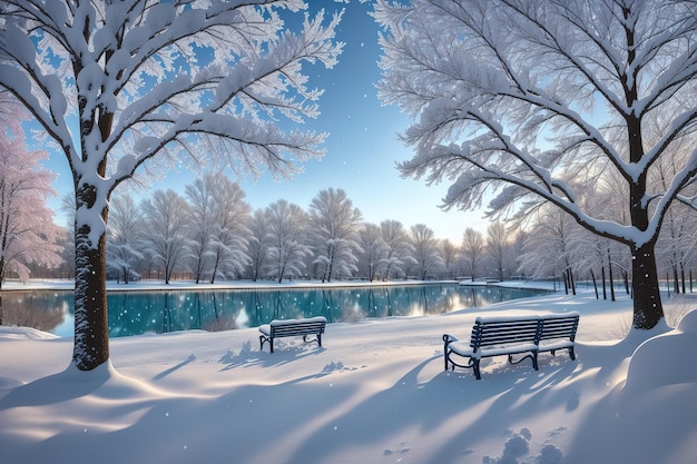 Cena de inverno com um lago e árvores cobertas de neve