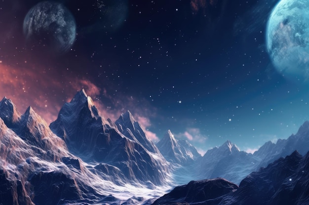 Cena de inverno com um majestoso pico de montanha, uma nebulosa estrelada do céu e um cometa generativo ai