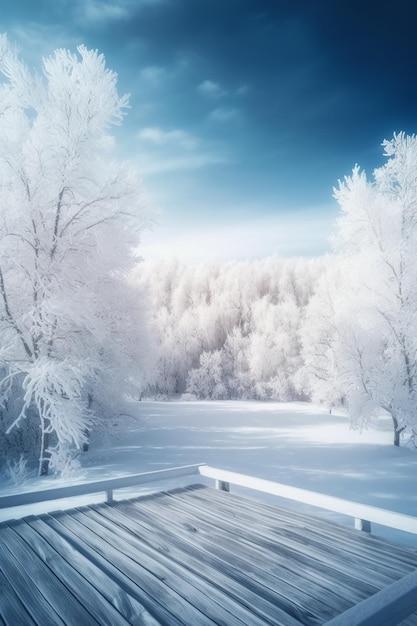 Cena de inverno com uma paisagem de neve e uma ponte