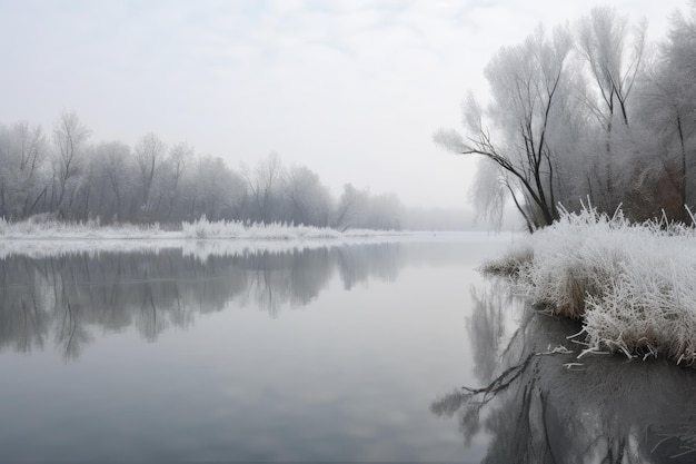 Cena de inverno sereno com árvores cobertas de neve e lago congelado criado com generative ai