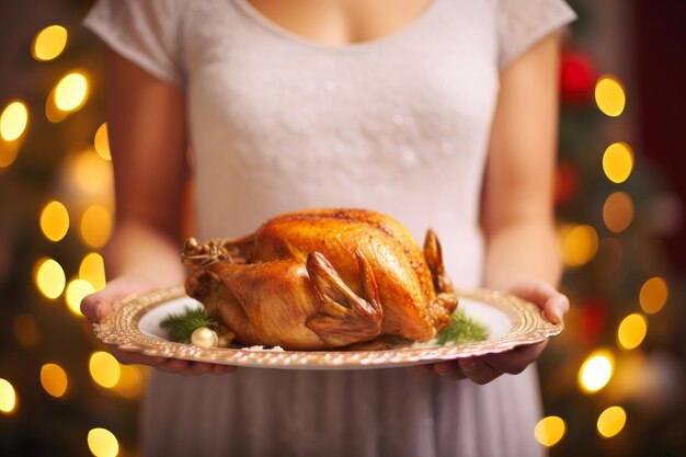 Foto cena de jantar de férias mulher com prato de peru festivo