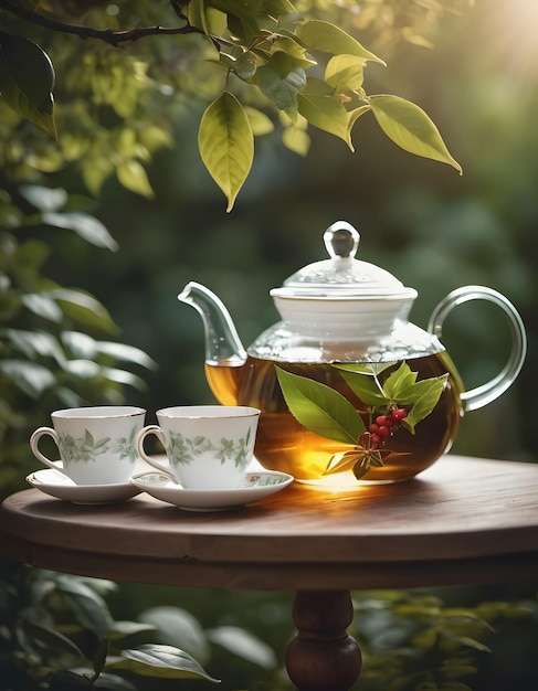 Cena de jardim botânico com um elegante conjunto de chá em uma mesa de madeira