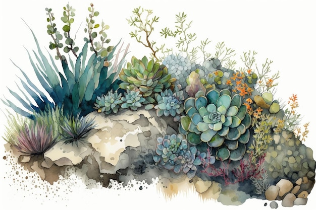 Cena de jardim suculento em aquarela com plantas em diferentes alturas e texturas