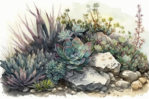 Cena de jardim suculento em aquarela com plantas em diferentes alturas e texturas