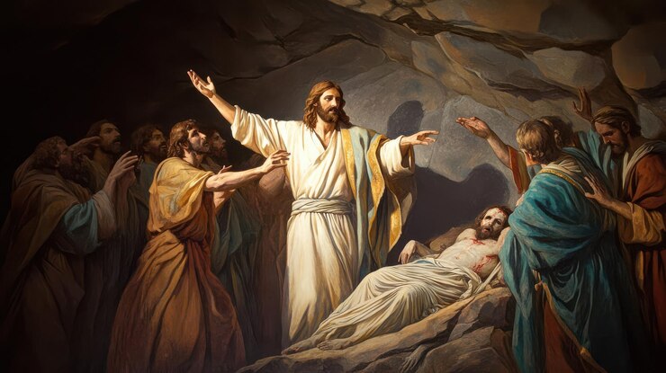 Foto cena de jesus ressuscitando lázaro dos mortos mostrando seu poder sobre a morte e prefigurando sua própria ressurreição