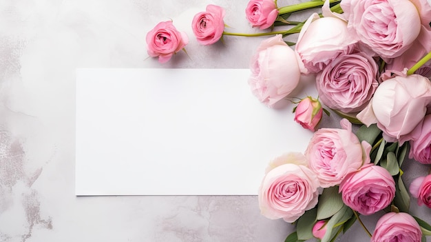 cena de layout de casamento ou aniversário com um cartão de saudação em branco em um fundo de mesa de concreto