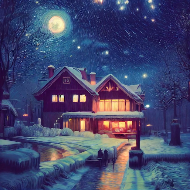 Cena de Natal ao ar livre com ilustração mágica do céu noturno de uma casa de Natal com paisagem de inverno de neve