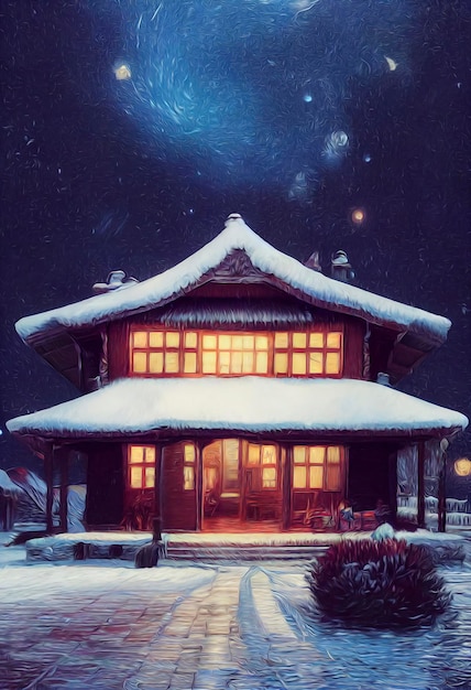 Cena de Natal ao ar livre com ilustração mágica do céu noturno de uma casa de Natal com paisagem de inverno de neve