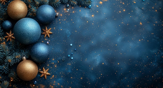 Foto cena de natal com decorações azuis e douradas em um fundo azul escuro