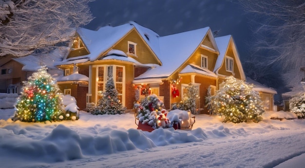 cena de Natal com decorações de Natal neve nas casas luzes de Natal árvore de Natal