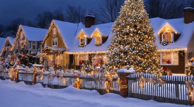 cena de Natal com decorações de Natal neve nas casas luzes de Natal árvore de Natal