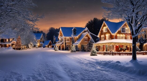 cena de Natal com decorações de Natal neve nas casas luzes de Natal árvore de Natal