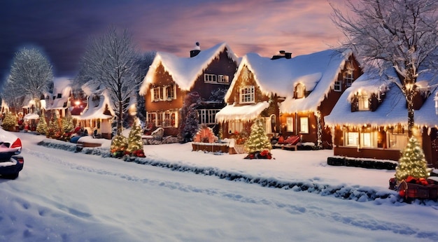 cena de Natal com decorações de Natal neve nas casas luzes de Natal árvore de Natal