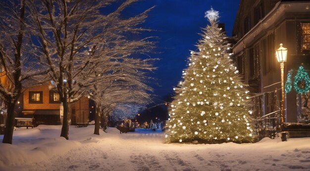 cena de Natal com decorações de Natal neve nas casas luzes de Natal árvore de Natal