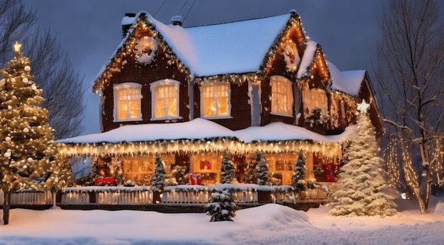 cena de Natal com decorações de Natal neve nas casas luzes de Natal árvore de Natal