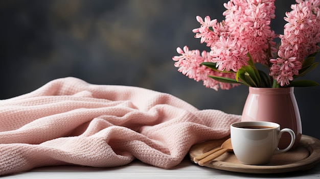 Cena de natureza morta de primavera Xícara de livros de café e cartão em branco no peitoril da janela