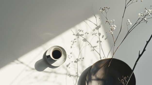 Foto cena de natureza morta simples com café essencial e luz da manhã