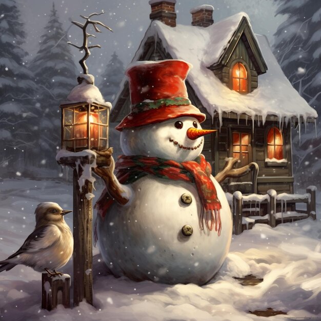 cena de neve com um boneco de neve e um pássaro na frente de uma casa generativa ai