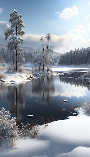 Cena de neve de um lago com árvores ao fundo generativa ai