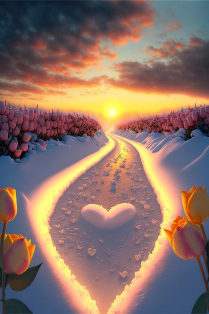 Cena de neve romântica e bonita Bela estrada de neve Generative Ai