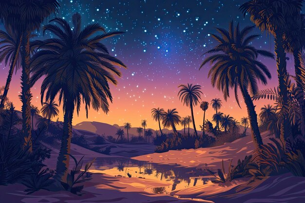 cena de oásis pacíficos no deserto com palmeiras à noite sob um céu estrelado