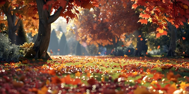 Cena de outono com árvores e folhas em fundo de luz solar Ai Gerado