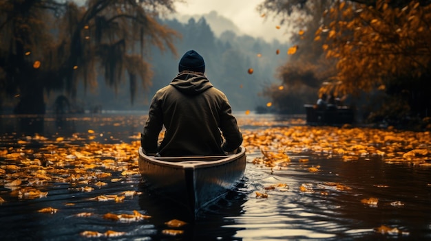 Cena de outono com um homem em um barco em um lago