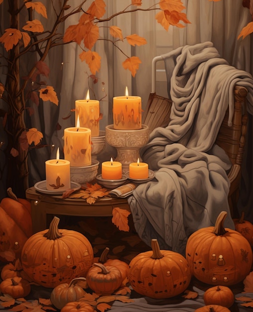 cena de outono outono aconchegante noite velas suéter folhas abóbora