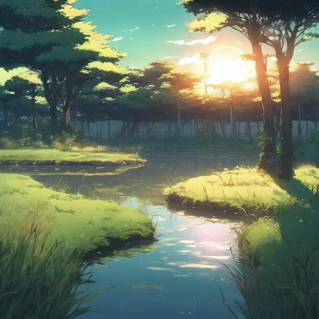 Cena de paisagem de alguma árvore e grama com uma pequena lagoa de água limpa e o sol a pôr-se