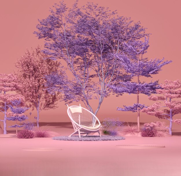 Cena de paisagem de jardim mágico de floresta fantástica abstrata com um pódio para exibição de produto 3d render