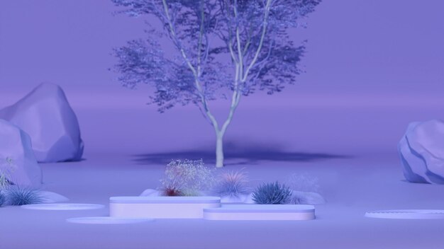 Cena de paisagem de jardim mágico de floresta fantástica abstrata com um pódio para exibição de produto 3d render