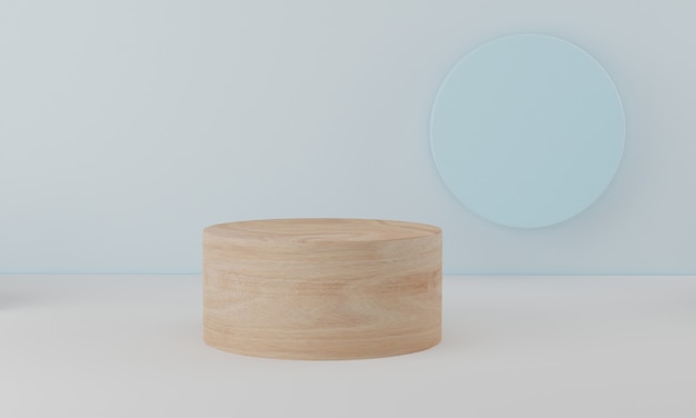 Cena de parede branca mínima do pódio de madeira do círculo. plataformas de pódio cilíndricas para apresentação de produtos cosméticos. renderização 3d