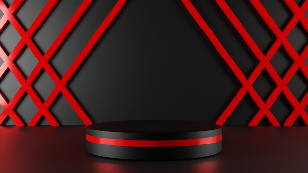 cena de pedestal preto com faixa vermelha, suporte de pódio 3d para apresentação de produtos, exibição de palco vazio.