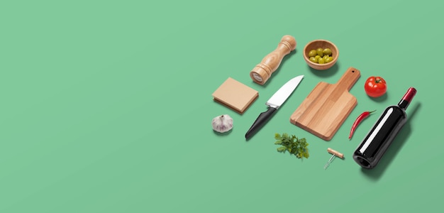 Cena de perspectiva de topview flatlay verde com itens de preparação de alimentos em uma cozinha ou restaurante italiano