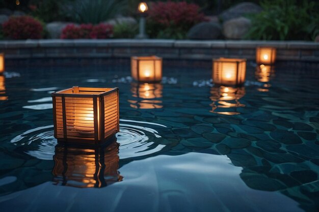 Foto cena de piscina tranquila com lanternas suavemente à deriva