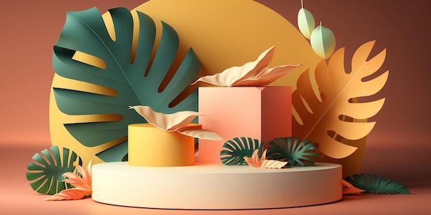 cena de pódio de exibição de produto de fundo 3d com folha de palmeira e plataforma geométrica