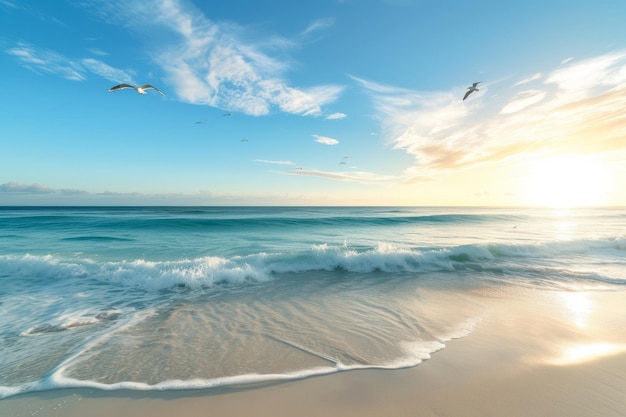 Cena de praia com gaivotas voando sobre o oceano ao pôr do sol