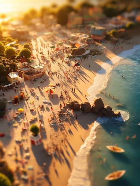 Cena de praia da hora dourada em lente tiltshift