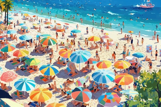 Cena de praia de verão com guarda-chuvas coloridos Generative AI