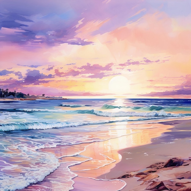 Cena de praia serena com estilo de arte aquarela vibrante