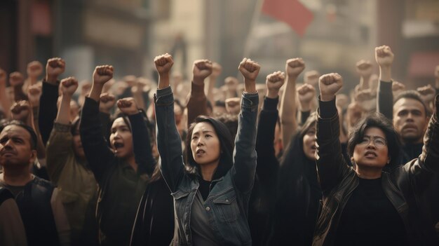 Cena de protesto dinâmica e intensa com uma multidão de pessoas animadas